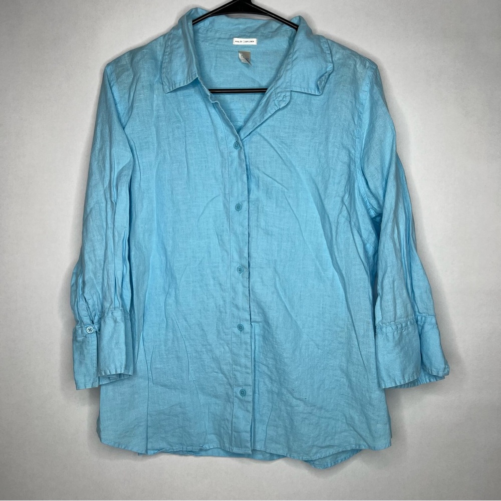 Old Navy‎ Women's L Aqua Blue Shirt 100% Linen Button Up Preppy 3/4 Sleeve Large